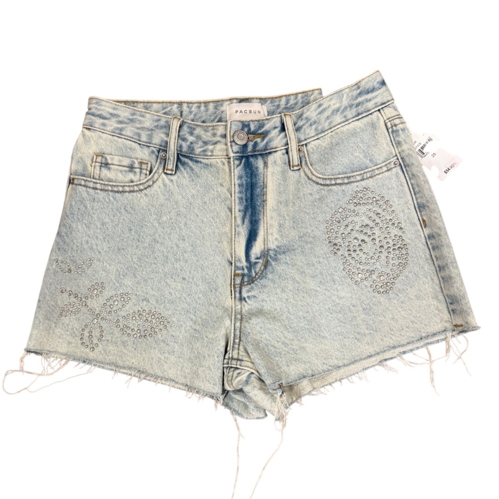 PacSun High Rise Festival Denim Shorts‎ Embellished Light Wash Sz 25